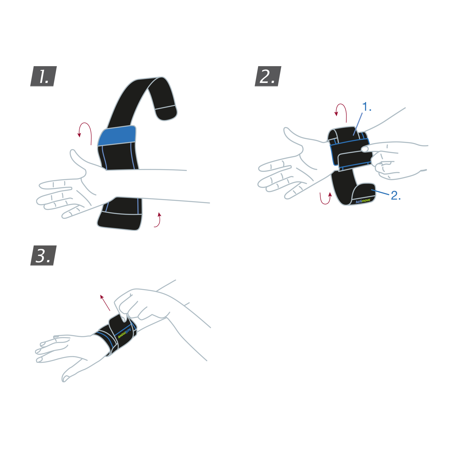 Applicazione del polsino Actimove Sports Edition: avvolgere intorno al polso e serrare la chiusura in velcro. Avvolgere quindi la fascia elastica esterna intorno al polso e fissarla.
 Applicazione del polsino Actimove Sports Edition: avvolgere intorno al polso e serrare la chiusura in velcro. Avvolgere quindi la fascia elastica esterna intorno al polso e fissarla.